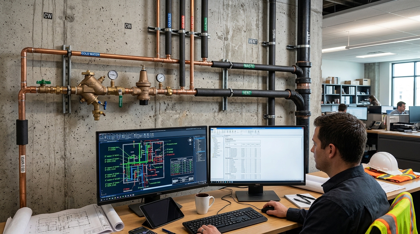 Commercial Plumbing Takeoff Workstation with Dual Monitors and Color-Coded Markups
