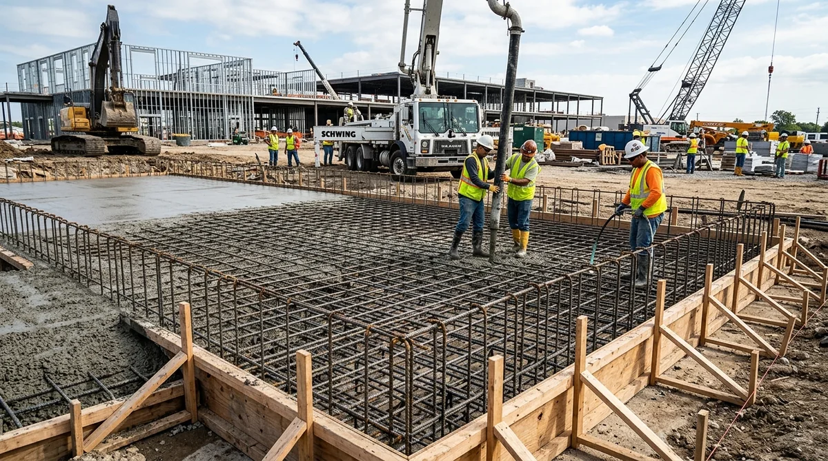 Commercial concrete foundation slab placement, rebar grid, and formwork