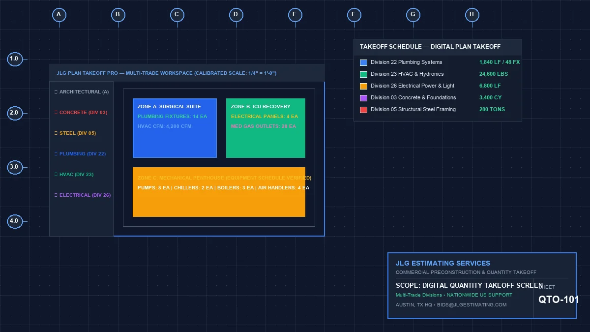 Commercial MEP digital plan takeoff workstation with itemized drawings