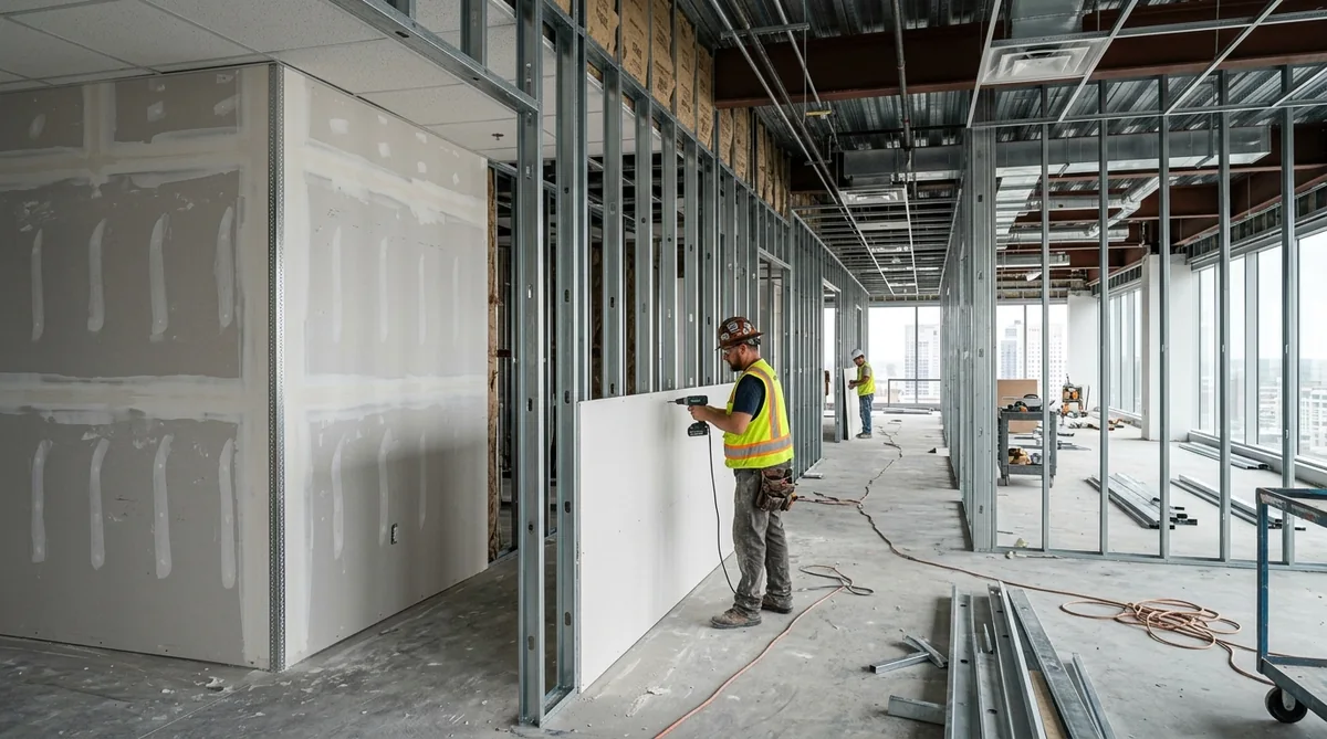 Light gauge cold-formed steel stud interior partition framing in commercial building