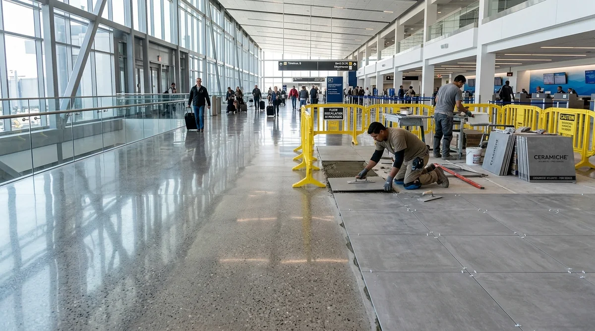 Commercial porcelain floor tile installation with leveling spacers and thin-set mortar