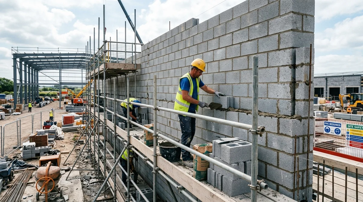 Commercial masonry wall construction with CMU blocks and brick veneer