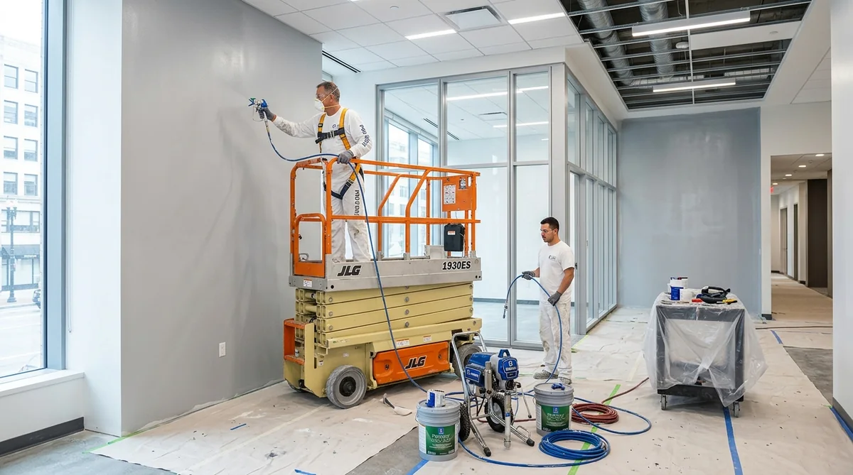 Commercial interior drywall painting application with roller and brush edging