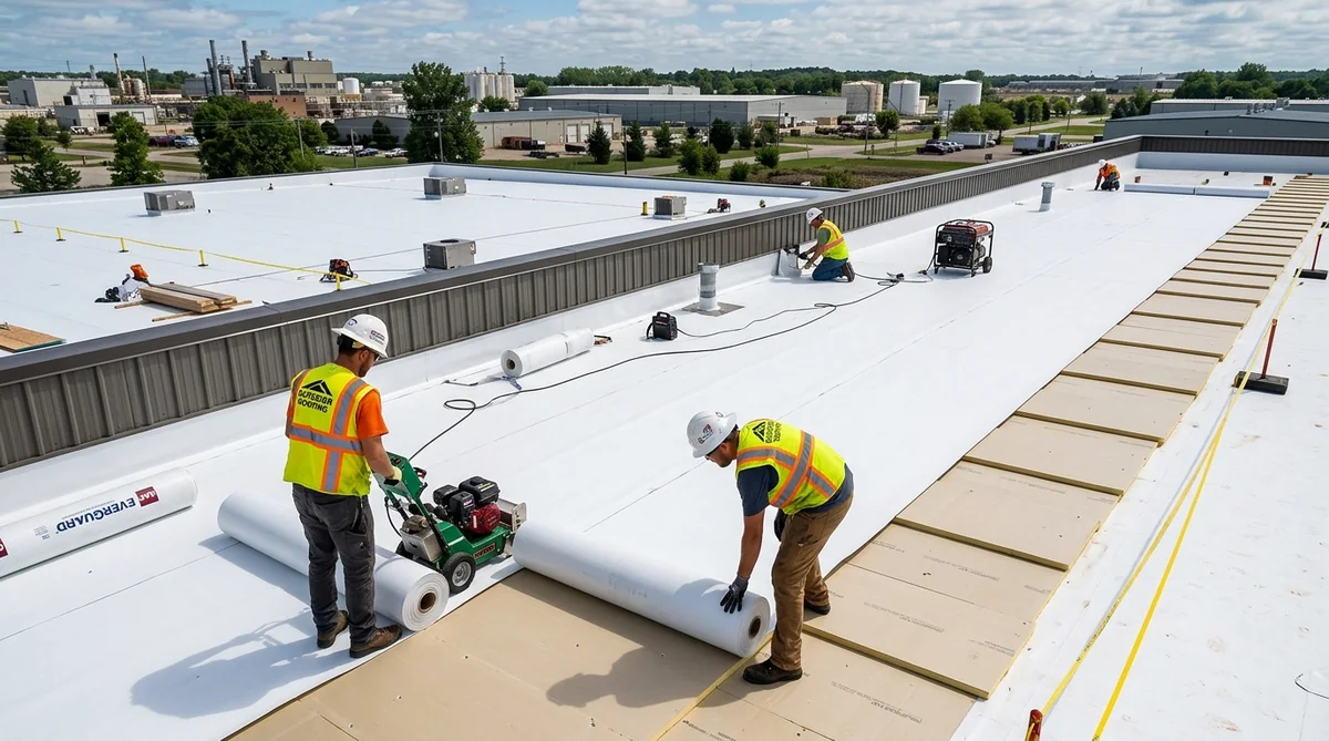 Commercial low-slope flat roof assembly with single-ply membrane and parapet walls