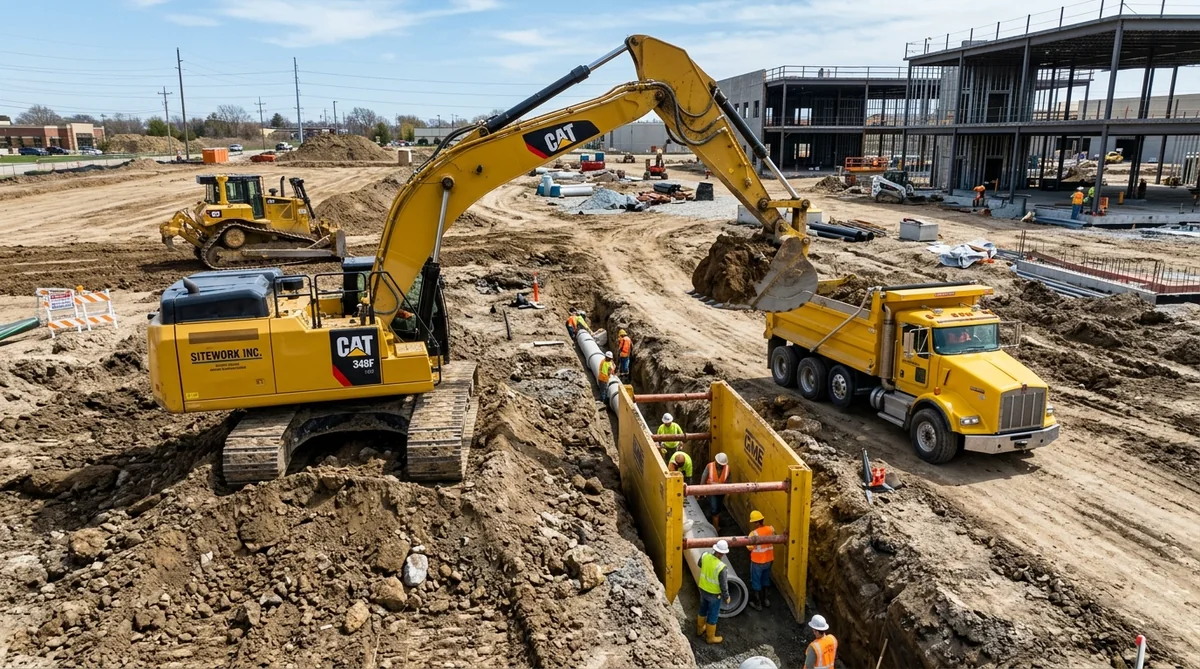 Heavy commercial excavation equipment, track excavators, and site preparation