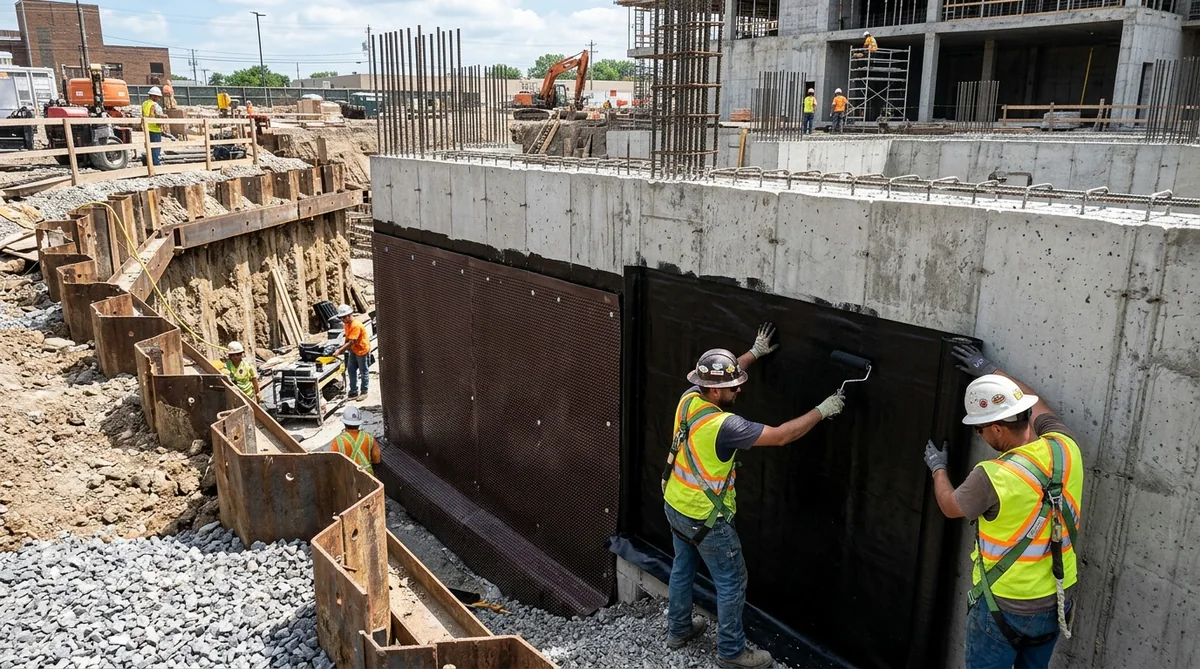 Commercial foundation below-grade waterproofing membrane and moisture protection