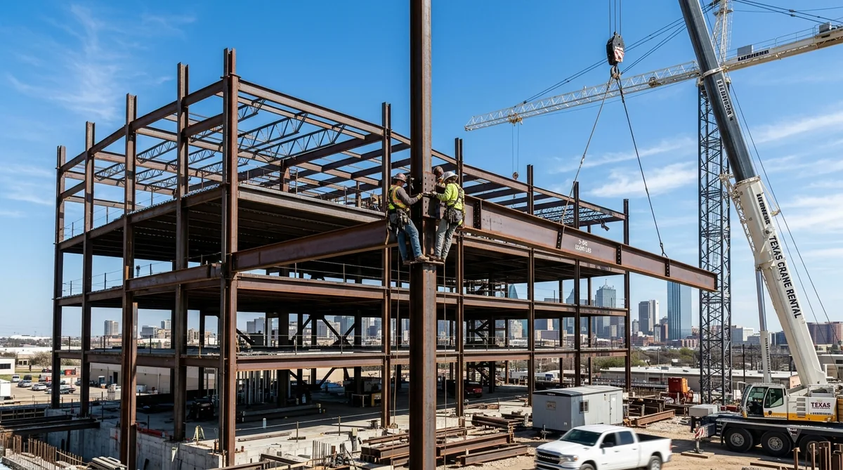 Commercial structural steel frame erection with mobile crane and ironworkers